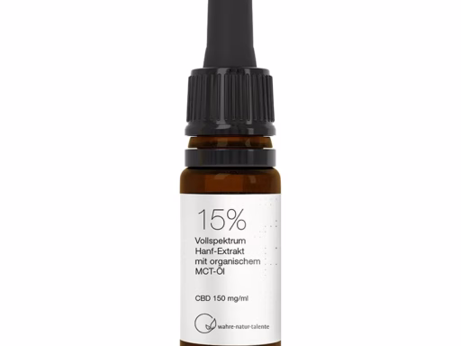 WahreNaturTalente 15% CBD MCT Öl 10 ml Vollspektrum – dunkle Braunglasflasche mit Pipette und weißem Etikett